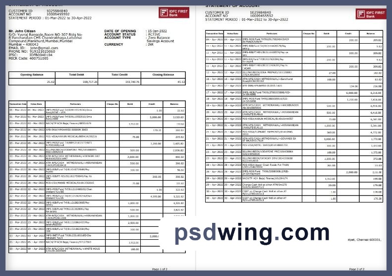 India IDFC First Bank Statement (2 Pages, Word)